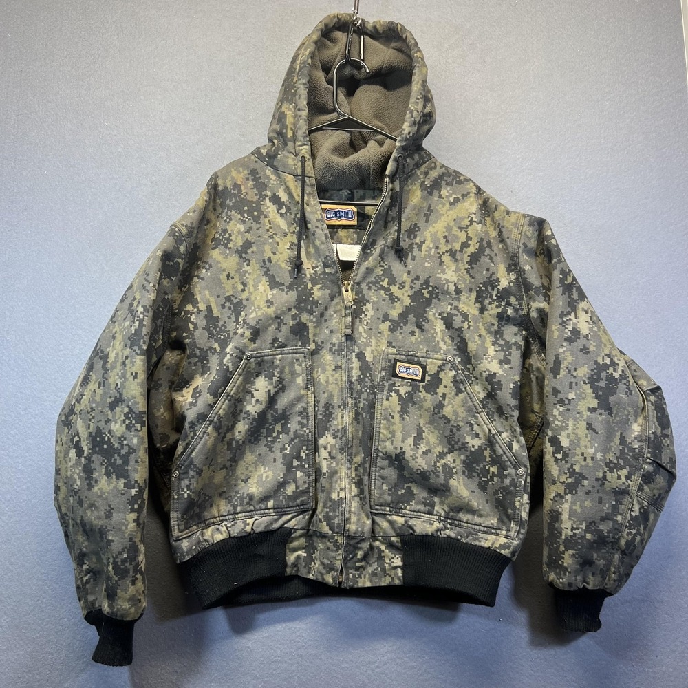 Big Smith Jacket Mens Large Green Camo Hooded Canvas Bomber Insulated Outdoor